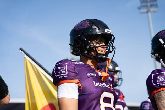 30 05 2026, xhfmx, American Football EFA European Football Alliance, Frankfurt Galaxy Munich Ravens Einlauf Frankfurt Galaxy Tyler Foster Frankfurt Galaxy, 8 DFL DFB REGULATIONS PROHIBIT ANY USE OF PHOTOGRAPHS as IMAGE SEQUENCES and or QUASI VIDEO Frankfurt am Main