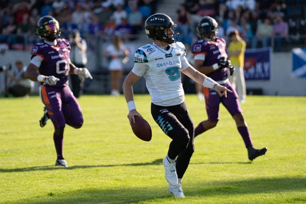 30 05 2026, xhfmx, American Football EFA European Football Alliance, Frankfurt Galaxy Munich Ravens Russell Tabor Munich Ravens, 9 scores a touchdown against Frankfurt DFL DFB REGULATIONS PROHIBIT ANY USE OF PHOTOGRAPHS as IMAGE SEQUENCES and or QUASI VIDEO Frankfurt am Main