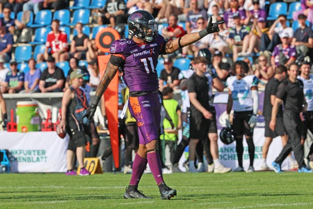 Wide receiver Normen Schumm Frankfurt Galaxy No. 11 celebrates his successful run , Frankfurt Galaxy Munich Ravens, American Football, EFA, The European Football Alliance, Season 2026, Bornheimer Hang, 30 05 2026, Frankfurt Bornheimer Hang Germany