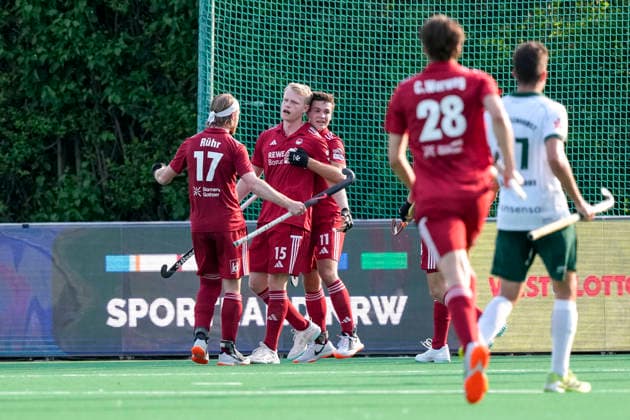 from left Christopher Rühr KTHC, 17 , scorer Tom Grambusch KTHC, 15 , Paul Babic KTHC, 11 , Caius Warweg KTHC, 28 , players of Rot Weiss Köln KTHC , celebrate the goal to 1 0, jubilation, goal celebration, celebrate the goal, goal, celebration, cheers about the goal, rejoicing, joy, rejoices, optimistic, positive, game scene, highlight, action, 30 05 2026, Bonn Germany , Hockey, German Championship, semi-final, men, Rot Weiss Köln Uhlenhorst Mülheim xozx