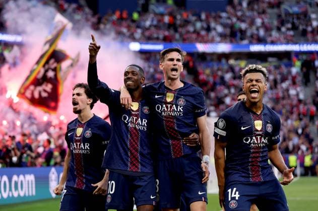 Ousmane Dembele of Paris Saint-Germain (left) celebrates with teammate Fabian Ruiz (centre) and Dà sirà Douà scoring their side s first goal of the game Paris Saint-Germain v Arsenal, UEFA Champions League, Final, Football, Puskas Arena, Budapest, Hungary - 30 May 2026Budapest Puskas Arena Hungary EDITORIAL USE ONLY No use with unauthorised audio, video, data, fixture lists, club league logos or live services. Online in-match use limited to 120 images, no video emulation. No use in betting, games or single club league player publications. Copyright: xAhmadxMora Shutterstockx 16902827cd