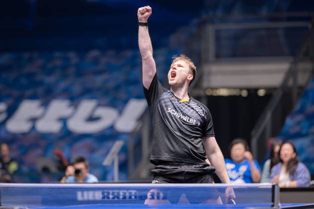 Borussia Düsseldorf TTC Schwalbe Bergneustadt, Liebherr TTBL Semi-Final 2026 Benedikt Duda TTC Schwalbe Bergneustadt celebrates after his victory over Dang Qiu Borussia Düsseldorf Liebherr TTBL Final4 2026, first semi-final between Borussia Düsseldorf and TTC Schwalbe Bergneustadt on May 30, 2026 at the Süwag Energie ARENA in Frankfurt am Main , Frankfurt am Main Hessen Germany Süwag Energie ARENA