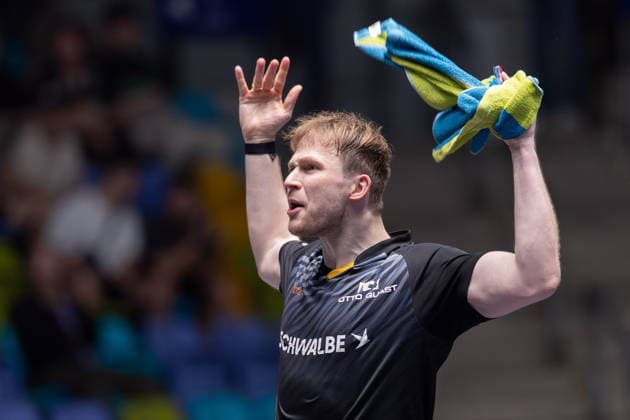 Borussia Düsseldorf TTC Schwalbe Bergneustadt, Liebherr TTBL Semi-Final 2026 Benedikt Duda TTC Schwalbe Bergneustadt celebrates after his victory over Dang Qiu Borussia Düsseldorf Liebherr TTBL Final4 2026, first semi-final between Borussia Düsseldorf and TTC Schwalbe Bergneustadt on May 30, 2026 at the Süwag Energie ARENA in Frankfurt am Main , Frankfurt am Main Hessen Germany Süwag Energie ARENA