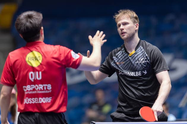 Borussia Düsseldorf TTC Schwalbe Bergneustadt, Liebherr TTBL Semi-Final 2026 Dang Qiu Borussia Düsseldorf congratulates Benedikt Duda TTC Schwalbe Bergneustadt on their 3 2 victory Liebherr TTBL Final4 2026, first semi-final between Borussia Düsseldorf and TTC Schwalbe Bergneustadt on May 30, 2026 at the Süwag Energie ARENA in Frankfurt am Main , Frankfurt am Main Hessen Germany Süwag Energie ARENA