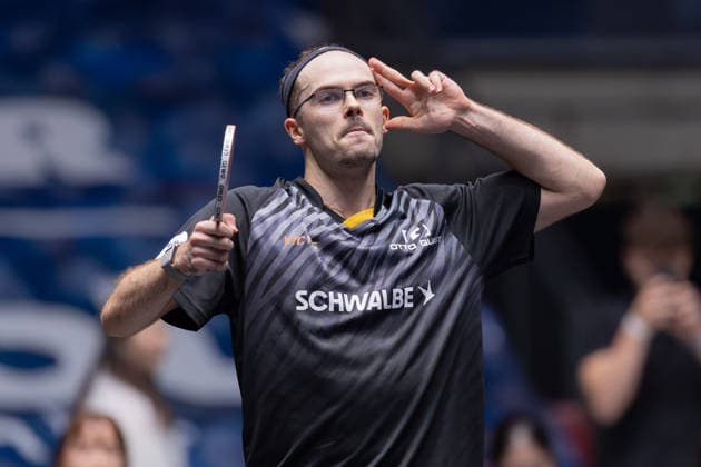 Borussia Düsseldorf TTC Schwalbe Bergneustadt, Liebherr TTBL semi-final match 2026 Leo de Nodrest TTC Schwalbe Bergneustadt after his victory against Kanak Jha Borussia Düsseldorf Liebherr TTBL Final4 2026, first semi-final between Borussia Düsseldorf and TTC Schwalbe Bergneustadt on May 30, 2026 in the Süwag Energie ARENA in Frankfurt am Main , Frankfurt am Main Hessen Germany Süwag Energie ARENA