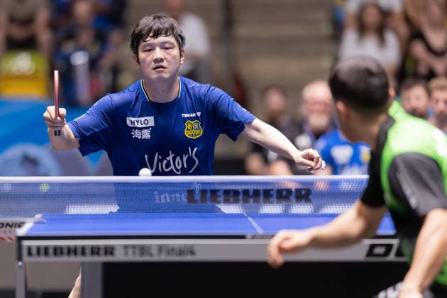 SV Werder Bremen 1 FC Saarbrücken table tennis, Liebherr TTBL semi-final match 2026 Fan Zhendong 1 FC Saarbrücken TT in his match against Marcelo Aguirre Werder Bremen Liebherr TTBL Final4 2026, second semi-final between SV Werder Bremen and 1 FC Saarbrücken table tennis on May 30, 2026 at the Süwag Energie ARENA in Frankfurt am Main , Frankfurt am Main Hessen Germany SÜWAG Arena