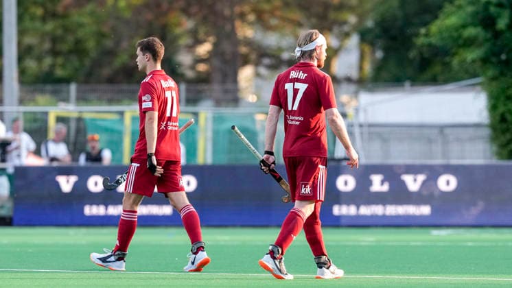 from left Paul Babic KTHC, 11 , Christopher Rühr KTHC, 17 , player of Rot Weiss Köln KTHC , looking disappointed, disappointment, frustration, disappointed, pessimistic, after the conceded goal to 1 2, action, action, game scene, 30 05 2026, Bonn Germany , field hockey, German Championship, semi-final, men, Rot Weiss Köln Uhlenhorst Mülheim xozx