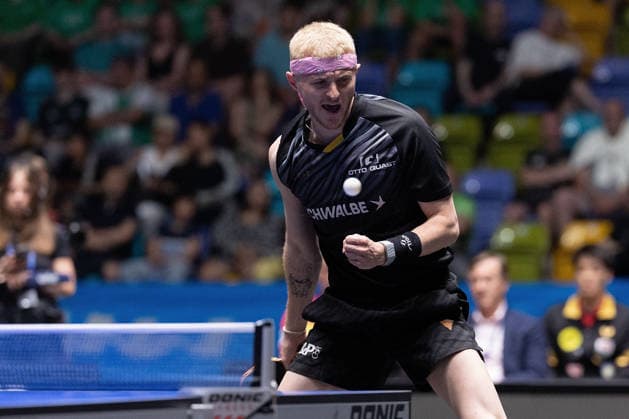 Romain Ruiz FRA, TTC Schwalbe Bergneustadt celebrates, in action during the semifinal matches Borussia Düsseldorf TTC Schwalbe of the Liebherr TTBL Final4 at the Süwag Energie ARENA on May 30, 2026, in Frankfurt, Germany Copyright: JoaquimxFerreira