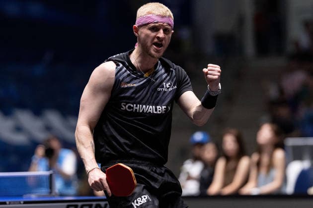 Romain Ruiz FRA, TTC Schwalbe Bergneustadt celebrates, in action during the semifinal matches Borussia Düsseldorf TTC Schwalbe of the Liebherr TTBL Final4 at the Süwag Energie ARENA on May 30, 2026, in Frankfurt, Germany Copyright: JoaquimxFerreira