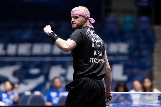 Romain Ruiz FRA, TTC Schwalbe Bergneustadt celebrates, in action during the semifinal matches Borussia Düsseldorf TTC Schwalbe of the Liebherr TTBL Final4 at the Süwag Energie ARENA on May 30, 2026, in Frankfurt, Germany Copyright: JoaquimxFerreira