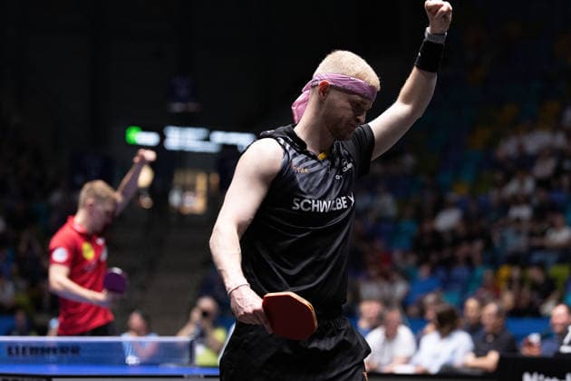 Romain Ruiz FRA, TTC Schwalbe Bergneustadt celebrates, in action during the semifinal matches Borussia Düsseldorf TTC Schwalbe of the Liebherr TTBL Final4 at the Süwag Energie ARENA on May 30, 2026, in Frankfurt, Germany Copyright: JoaquimxFerreira