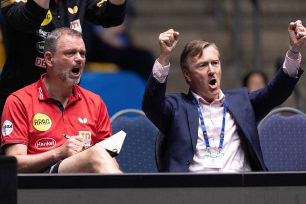 Trainer Danny Heister NED, Borussia Duesseldorf and Manager Andreas Preuss during the semifinal matches Borussia Düsseldorf TTC Schwalbe of the Liebherr TTBL Final4 at the Süwag Energie ARENA on May 30, 2026, in Frankfurt, Germany Copyright: JoaquimxFerreira