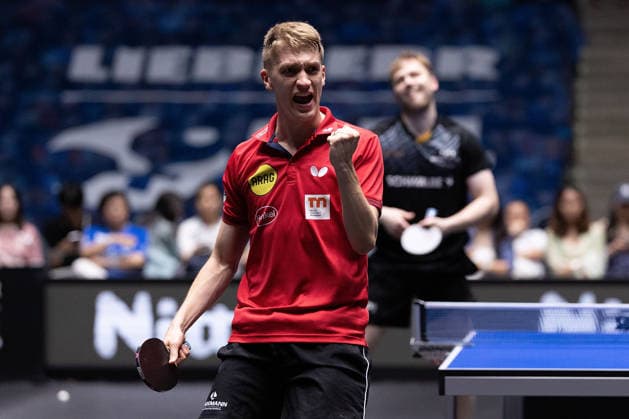 Anton Kaellberg SWE, Borussia Duesseldorf celebrate, Benedikt Duda GER, TTC Schwalbe Bergneustadt dissapointed during the semifinal matches Borussia Düsseldorf TTC Schwalbe of the Liebherr TTBL Final4 at the Süwag Energie ARENA on May 30, 2026, in Frankfurt, Germany Copyright: JoaquimxFerreira