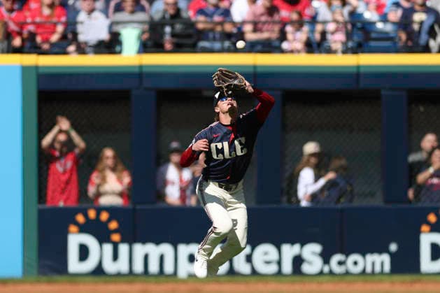 May 30, 2026: Cleveland Guardians right fielder Petey Halpin (0) catches a fly ball during the second inning of the Major League Baseball game between the Boston Red Sox and Cleveland Guardians at Progressive Field in Cleveland, Ohio. CSM Cleveland United States of America - ZUMAc04_ 20260530_zma_c04_019 Copyright: xBrianxFisherx