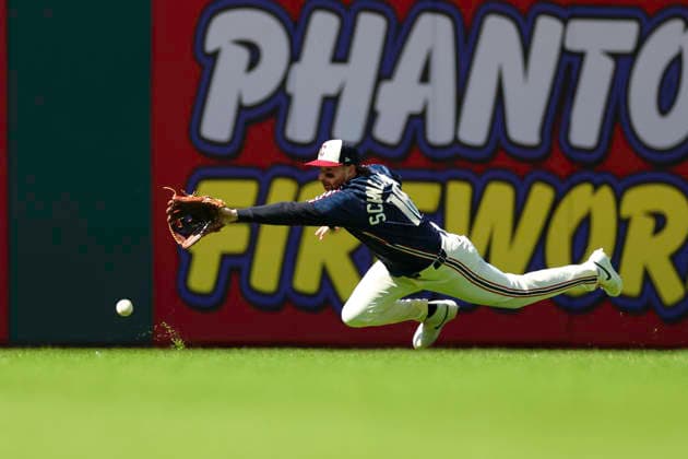 May 30, 2026: Cleveland Guardians center fielder Daniel Schneemann (10) dives for a fly ball during first inning of the Major League Baseball game between the Boston Red Sox and Cleveland Guardians at Progressive Field in Cleveland, Ohio. CSM Cleveland United States of America - ZUMAc04_ 20260530_zma_c04_011 Copyright: xBrianxFisherx