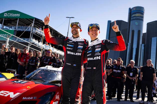 AUTO - IMSA - DETROIT SPORTS CAR CLASSIC 2026 31 AITKEN Jack (gbr), BAMBER Earl (nzl), Cadillac Whelen, Cadillac V-Series.R, celebrating their win during the Chevrolet Detroit Sports Car Classic, 5th round of the 2026 2026 IMSA SportsCar Championship, on the Streets of Detroit, from May 29 to 31, 2026 in Detroit, Michigan, United States of America - DetroitUnited States  Copyright: xJULIENxDELFOSSEx