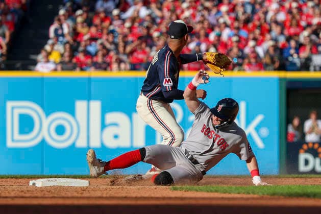 May 30, 2026: Boston Red Sox third baseman Caleb Durbin (5) slides into second base after hitting a double during the eighth inning of the Major League Baseball game between the Boston Red Sox and Cleveland Guardians at Progressive Field in Cleveland, Ohio. CSM Cleveland United States of America - ZUMAc04_ 20260530_zma_c04_034 Copyright: xBrianxFisherx