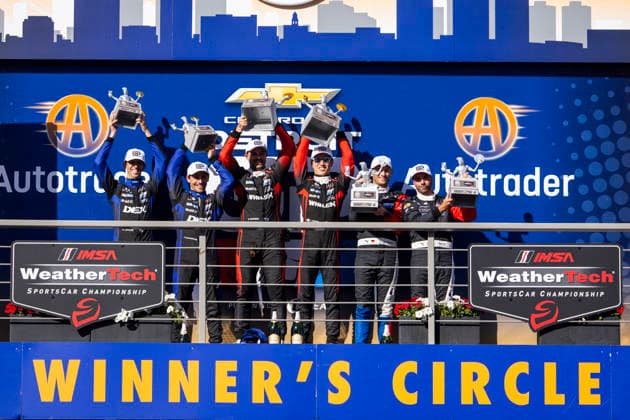 AUTO - IMSA - DETROIT SPORTS CAR CLASSIC 2026 Podium, 10 TAYLOR Ricky (usa), ALBUQUERQUE Filipe (prt), Cadillac Wayne Taylor Racing, Cadillac V-Series.R, 31 AITKEN Jack (gbr), BAMBER Earl (nzl), Cadillac Whelen, Cadillac V-Series.R, 25 ENG Philipp (aut), WITTMANN Marco (deu), BMW M Team WRT, BMW M Hybrid V8, portrait during the Chevrolet Detroit Sports Car Classic, 5th round of the 2026 2026 IMSA SportsCar Championship, on the Streets of Detroit, from May 29 to 31, 2026 in Detroit, Michigan, United States of America - DetroitUnited States  Copyright: xJULIENxDELFOSSEx
