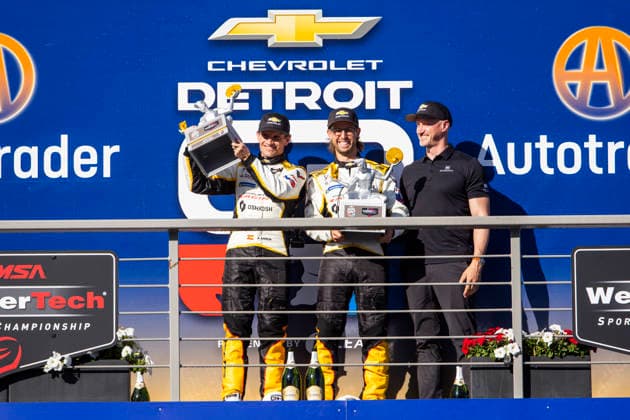 AUTO - IMSA - DETROIT SPORTS CAR CLASSIC 2026 Podium, 03 GARCIA Antonio (esp), SIMS Alexander (gbr), Corvette Racing by Pratt Miller Motorsports, Corvette Z06 GT3.R, portrait during the Chevrolet Detroit Sports Car Classic, 5th round of the 2026 2026 IMSA SportsCar Championship, on the Streets of Detroit, from May 29 to 31, 2026 in Detroit, Michigan, United States of America - DetroitUnited States  Copyright: xJULIENxDELFOSSEx
