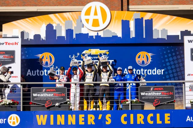 AUTO - IMSA - DETROIT SPORTS CAR CLASSIC 2026 Podium, 09 CALDARELLI Andrea (ita), MITCHELL Sandy (gbr), Pfaff Motorsports, Lamborghini Temerario GT3, 03 GARCIA Antonio (esp), SIMS Alexander (gbr), Corvette Racing by Pratt Miller Motorsports, Corvette Z06 GT3.R, 65 MIES Christopher (deu), VERVISCH Frederic (bel), Ford Racing, Ford Mustang GT3, portrait during the Chevrolet Detroit Sports Car Classic, 5th round of the 2026 2026 IMSA SportsCar Championship, on the Streets of Detroit, from May 29 to 31, 2026 in Detroit, Michigan, United States of America - DetroitUnited States  Copyright: xJULIENxDELFOSSEx