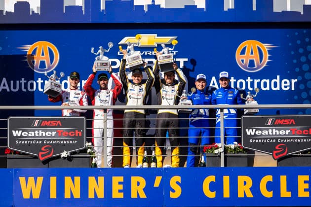AUTO - IMSA - DETROIT SPORTS CAR CLASSIC 2026 Podium, 09 CALDARELLI Andrea (ita), MITCHELL Sandy (gbr), Pfaff Motorsports, Lamborghini Temerario GT3, 03 GARCIA Antonio (esp), SIMS Alexander (gbr), Corvette Racing by Pratt Miller Motorsports, Corvette Z06 GT3.R, 65 MIES Christopher (deu), VERVISCH Frederic (bel), Ford Racing, Ford Mustang GT3, portrait during the Chevrolet Detroit Sports Car Classic, 5th round of the 2026 2026 IMSA SportsCar Championship, on the Streets of Detroit, from May 29 to 31, 2026 in Detroit, Michigan, United States of America - DetroitUnited States  Copyright: xJULIENxDELFOSSEx