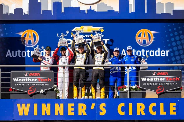 AUTO - IMSA - DETROIT SPORTS CAR CLASSIC 2026 Podium, 09 CALDARELLI Andrea (ita), MITCHELL Sandy (gbr), Pfaff Motorsports, Lamborghini Temerario GT3, 03 GARCIA Antonio (esp), SIMS Alexander (gbr), Corvette Racing by Pratt Miller Motorsports, Corvette Z06 GT3.R, 65 MIES Christopher (deu), VERVISCH Frederic (bel), Ford Racing, Ford Mustang GT3, portrait during the Chevrolet Detroit Sports Car Classic, 5th round of the 2026 2026 IMSA SportsCar Championship, on the Streets of Detroit, from May 29 to 31, 2026 in Detroit, Michigan, United States of America - DetroitUnited States  Copyright: xJULIENxDELFOSSEx