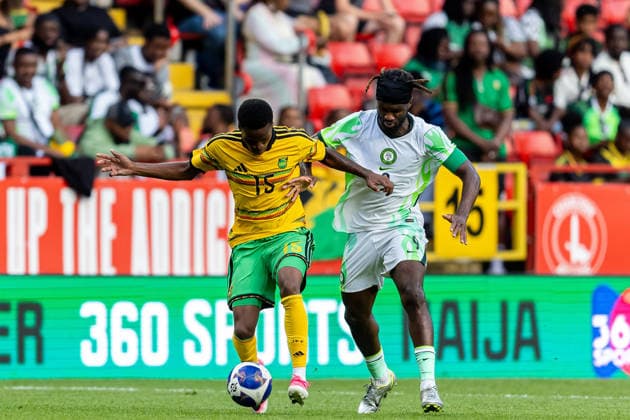 Jamaica v Nigeria, Unity Cup London 2026, Cup Final Jamaica defender Odin Samuels-Smith (15) battles for possession with Nigeria forward Terem Moffi (9) during the Unity Cup London 2026 match between Jamaica and Nigeria at The Valley, London, UK on 30 May 2026. London The Valley Greater London UK Editorial use only , Copyright: xManjitxNarotrax PSI-24353-0016