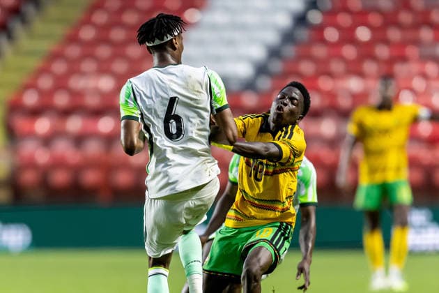 Jamaica v Nigeria, Unity Cup London 2026, Cup Final Jamaica midfielder Kyle Ming (19) crashed into Nigeria defender Chibuike Nwaiwu during the Unity Cup London 2026 match between Jamaica and Nigeria at The Valley, London, UK on 30 May 2026. London The Valley Greater London UK Editorial use only , Copyright: xManjitxNarotrax PSI-24353-0053