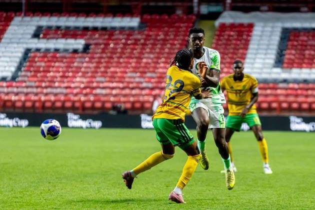 Jamaica v Nigeria, Unity Cup London 2026, Cup Final Nigeria forward Rafiu Durosinmi (17) clashes with Jamaica forward Nickalia Fuller (22) during the Unity Cup London 2026 match between Jamaica and Nigeria at The Valley, London, UK on 30 May 2026. London The Valley Greater London UK Editorial use only , Copyright: xManjitxNarotrax PSI-24353-0073