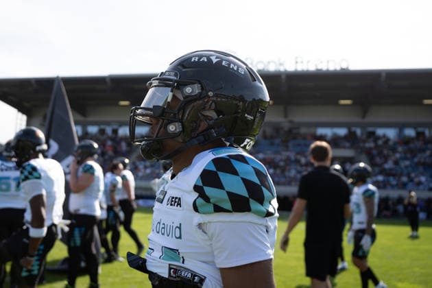 30 05 2026, xhfmx, American Football EFA European Football Alliance, Frankfurt Galaxy Munich Ravens Einlauf Munich Ravens, Bijon Harris Munich Ravens, 21 DFL DFB REGULATIONS PROHIBIT ANY USE OF PHOTOGRAPHS as IMAGE SEQUENCES and or QUASI VIDEO Frankfurt am Main