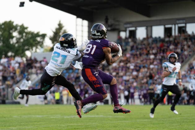 30 05 2026, xhfmx, American Football EFA European Football Alliance, Frankfurt Galaxy Munich Ravens v l Bijon Harris Munich Ravens, 21 , Brevin Easton Frankfurt Galaxy, 81 DFL DFB REGULATIONS PROHIBIT ANY USE OF PHOTOGRAPHS as IMAGE SEQUENCES and or QUASI VIDEO Frankfurt am Main