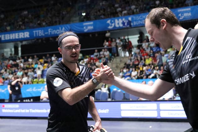 from left Leo de Nodrest TTC Schwalbe Bergneustadt is happy with head coach, Frederik Duda TTC Schwalbe Bergneustadt GER Frankfurt TTBL Liebherr Final Four TTC Schwalbe Bergneustadt vs Borussia Düsseldorf, Table Tennis Suewag Energie Arena 30 05 2026 GER Frankfurt TTBL Liebherr Final Four Table Tennis Suewag Energie Arena Deutsche Meiterschaft 30 05 2026 Frankfurt Copyright: xEibner-Pressefoto JoergxHirschx EP_JHH