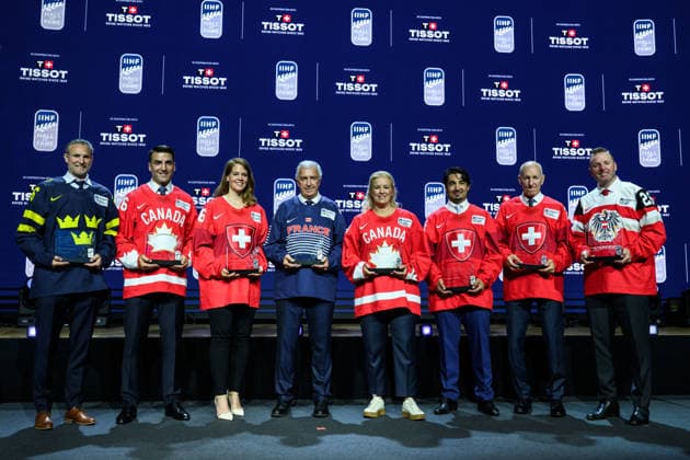 260531 Niklas Kronwall, Patrice Bergeron, Florence Schelling, Luc Tardif, Cassie Campbell Pascall, Andres Ambühl, Ralph Krueger and Thomas Vanek pose for a photo after being inducted to the IIHF Hall of Fame during the IIHF Hall of Fame Ceremony on May 31, 2026 in Zurich Photo Jesper Zerman BILDBYRAN kod JZ JZ0740 ishockey ice hockey iihf hall of fame ceremony ceremony bbeng  Copyright: JESPERxZERMAN BB260531JZ007