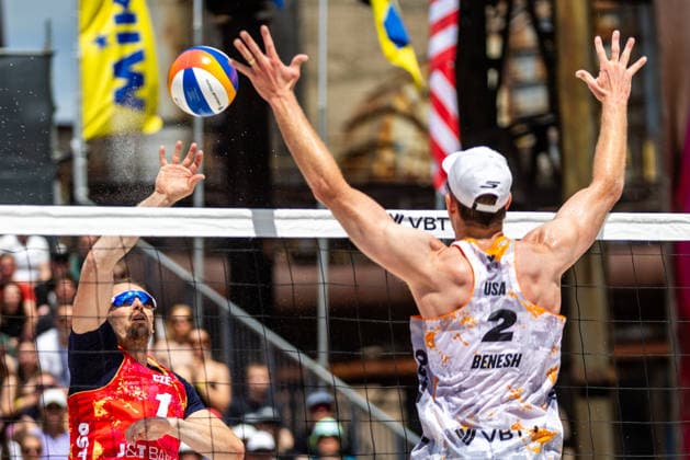 From left Ondrej Perusic of Czech Republic and Andrew Benesh of USA in action during the Ondrej Perusic and Jiri Sedlak of Czech Republic vs Taylor Crabb and Andrew Benesh of USA match at the Pro Tour, Beach volleyball, Beachvolleyball tournament of Elite category, Ostrava, Czech Republic, May 31, 2026. (CTKxPhoto VladimirxPrycek) CTKPhotoP2026053102374  CTKPhotoP2026053102374