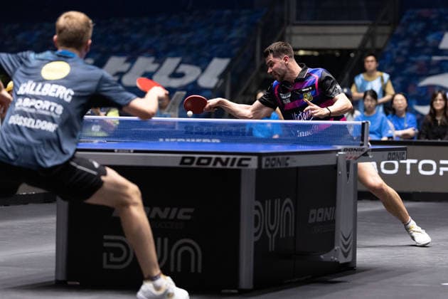 Anton Kaellberg SWE, Borussia Duesseldorf , Patrick Franziska GER, 1 FC Saarbruecken TT in action during the final matches of the Liebherr TTBL Final4 Borussia Düsseldorf FC Saarbrücken Table Tennis at the Süwag Energie ARENA on May 31, 2026, in Frankfurt, Germany Copyright: JoaquimxFerreira