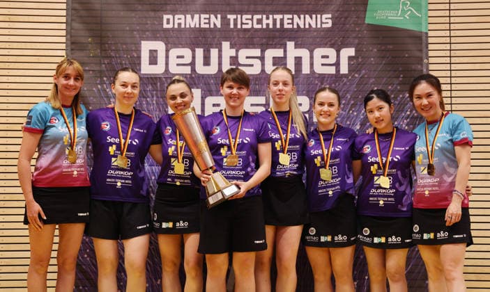 Sabina Surjan, Natalia Bajor, Sabina Surjan, Nina Mittelham with trophy, Josi Neumann, Mia Griesel, Yuka Kaneyoshi, Xian Xiaona, TTC Eastside Berlin cheers and celebrates the German Championship German Champion Sports Table Tennis Final German Championship Bundesliga Women Season 2025 2026 31 05 2026 ttc eastside Berlin vs TSV Dachau