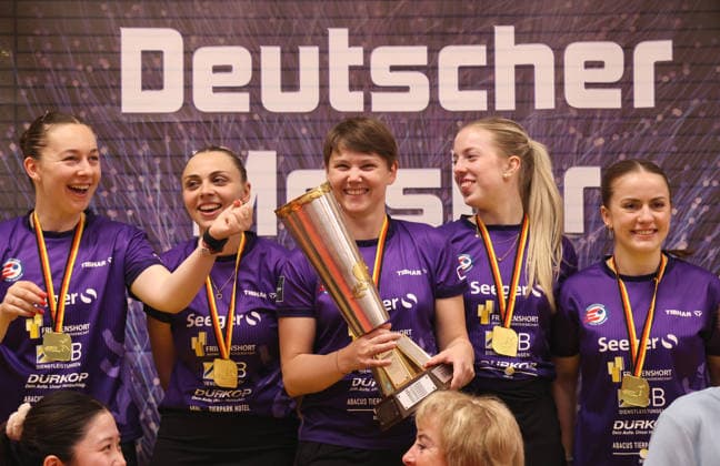 Natalia Bajor, Sabina Surjan, Nina Mittelham with trophy, Josi Neumann, Mia Griesel, TTC Eastside Berlin cheers and celebrates the German Championship German Champion Sport Table Tennis Final German Championship Bundesliga Women Season 2025 2026 31 05 2026 ttc eastside Berlin vs TSV Dachau