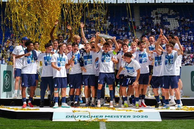 31 05 2026, xydrx, Herren, Fußball, U19 DFB Nachwuchsliga, Finale, TSG 1899 Hoffenheim 1 FC Köln, Saison 2025 2026, PreZero Arena TSG 1899 Hoffenheim players celebrate the victory in the final of the U19 DFB Nachwuchsliga DFB regulations prohibit any use of photographs as image sequences and or quasi video Copyright: HMBxMedia YannisxDreimann