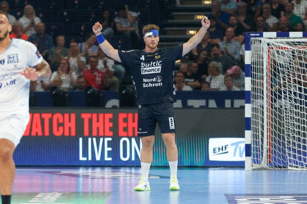 31 05 2026 ,xgox, Handball Handball EHF European League, Match for 3rd place Montpellier Handball SG Flensburg Handewitt emspor, v l Johannes Golla Flensburg, 4 Jubel, Torjubel, jubelt über das Tor, celebrate the goal, celebration Hamburg