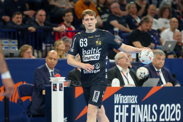 31 05 2026 ,xgox, Handball Handball EHF European League, Match for 3rd place Montpellier Handball SG Flensburg Handewitt emspor, v l Domen Novak Flensburg, 63 on the ball, plays the ball Hamburg