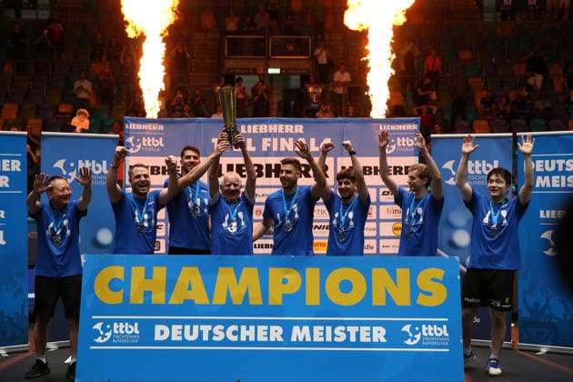 31.05.2026, xrekx, Tischtennis TTBL Final 4 Finale, Borussia Düsseldorf - 1. FC Saarbrücken v.l. 1. FC Saarbrücken TT Deutscher Meister 2026 (DFL DFB REGULATIONS PROHIBIT ANY USE OF PHOTOGRAPHS as IMAGE SEQUENCES and or QUASI-VIDEO) Frankfurt am Main