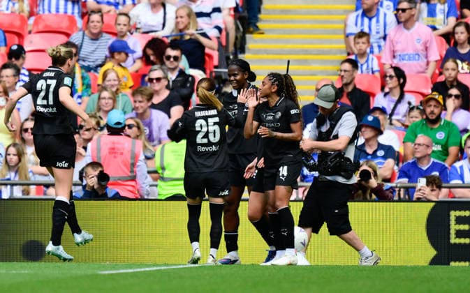 Brighton and Hove Albion Women v Manchester City Women, London, UK - 31 May 2026 Goal celebrations for Khadija Shaw of Manchester City Women after scoring the opening goal during the Adobe Womens FA Cup Final match between Brighton and Hove Albion Women and Manchester City Women at Wembley Stadium, London on 31 May 2026 ( London Wembley Stadium London England Copyright: xAlanxStanford PPAUKx PPA-278343