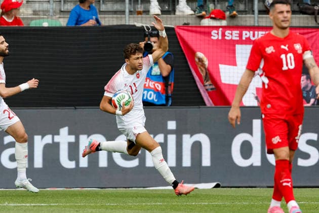 Odeh Fakhoury Jordan, 11 after his goal for 3 1 , Switzerland, Soccer, Friendly match, Switzerland vs Jordan, 31 05 2026, St Gallen Kybunpark Hessen Switzerland Copyright: xGrantxHubbsx