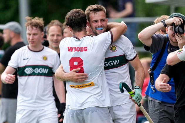 from left Nicholas James Woods Polo, 8 hugs Justus Weigand Polo, 19 , player from Hamburger Polo Club, cheering after the final whistle, joy about the victory, winner, winner, cheers, cheering, happy, positive, happy, optimistic, highlight, action, 31 05 2026, Bonn Germany , Hockey, German Championship, Final, Men, Hamburger Polo Club HTC Uhlenhorst Mülheim xozx