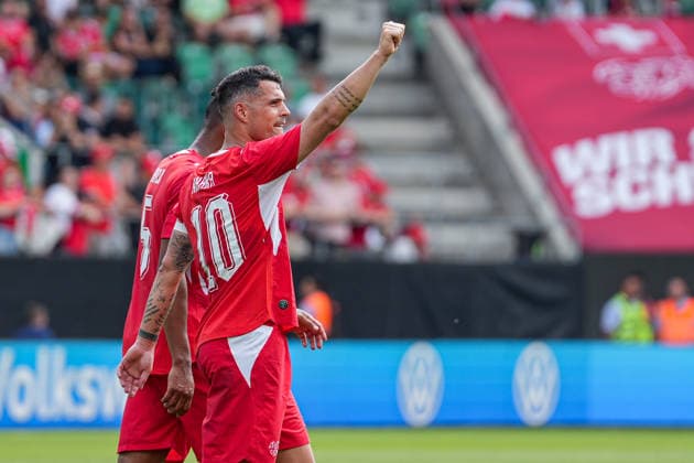 Soccer, International match Switzerland vs Jordan, Sunday, 31 05 2026 kybunpark, St Gallen Granit Xhaka 10, Switzerland celebrates after scoring 3 0 with a penalty Copyright: xValentinxDomgjonix