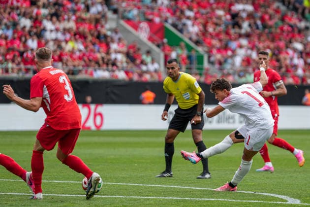 Soccer, International match Switzerland vs. Jordan, Sunday, 31 05 2026 kybunpark, St Gallen Odeh Fakhoury 11, Jordan scores and shortens to 3 1 Copyright: xValentinxDomgjonix