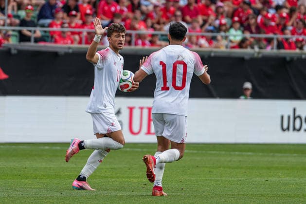 Soccer, International match Switzerland vs. Jordan, Sunday, 31 05 2026 kybunpark, St Gallen Odeh Fakhoury 11, Jordan and Musa Al Tamari 10, Jordan celebrate after the goal and reduce the score to 3 1 Copyright: xValentinxDomgjonix