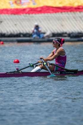 Seville, Spain. 30 May 2026. Rower Kenia Lechuga Alanis (Mexico) with a Spanish flag in the background during the LW1x Lightweight Women s Single Sculls Final A Race at the World Rowing Cup 1 2026 at CEAR La Cartuja. Seville Spain Copyright: xDavidxSarmientox xVWPicsx DSG-0896