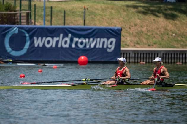 Seville, Spain. 30 May 2026. Rowers San Tung Lam and Tik Lun Chan (Hong Kong) with the World Rowing logo in the background during the LM2x Lightweight Men s Double Sculls Final A Race at the World Rowing Cup 1 2026 at CEAR La Cartuja. Seville Spain Copyright: xDavidxSarmientox xVWPicsx DSG-0894