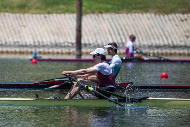 Seville, Spain. 30 May 2026. Rowers Bruno Hirsch (Germany) and Bence Tamas (Hungary) during the LM1x Lightweight Men s Single Sculls Final B Race at the World Rowing Cup 1 2026 at CEAR La Cartuja. Seville Spain Copyright: xDavidxSarmientox xVWPicsx DSG-0893